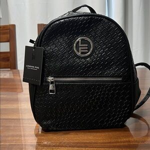London Fog Black Woven Backpack Purse Vegan Leather NWT
